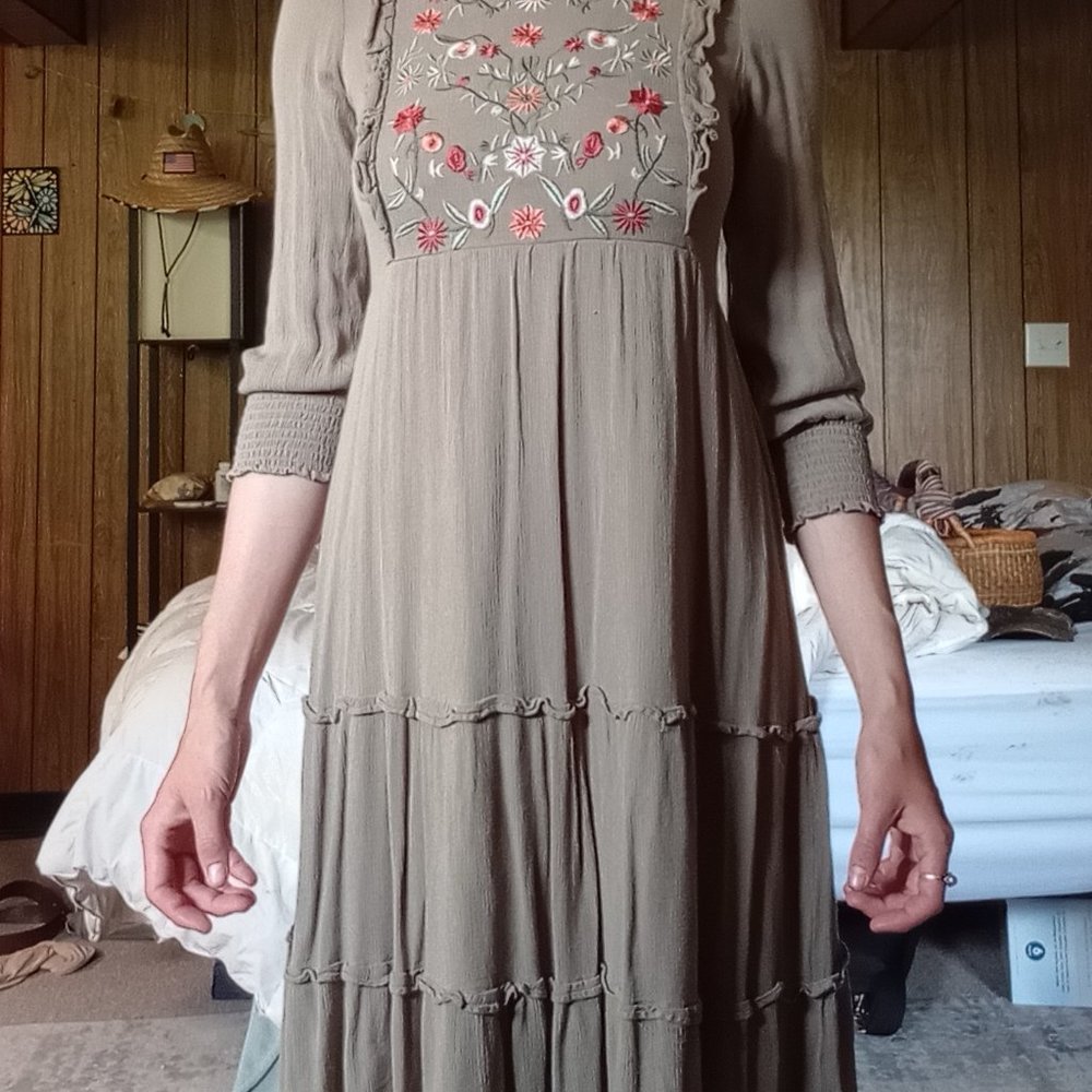 Embroidered Ruffle Tiered Midi Cottage Core Dress
